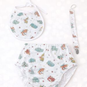 Conjunto babero, braguita cubrepañal y chupetero dragones 6/9 meses