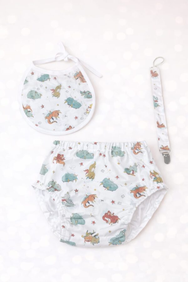 Conjunto babero, braguita cubrepañal y chupetero dragones 6/9 meses